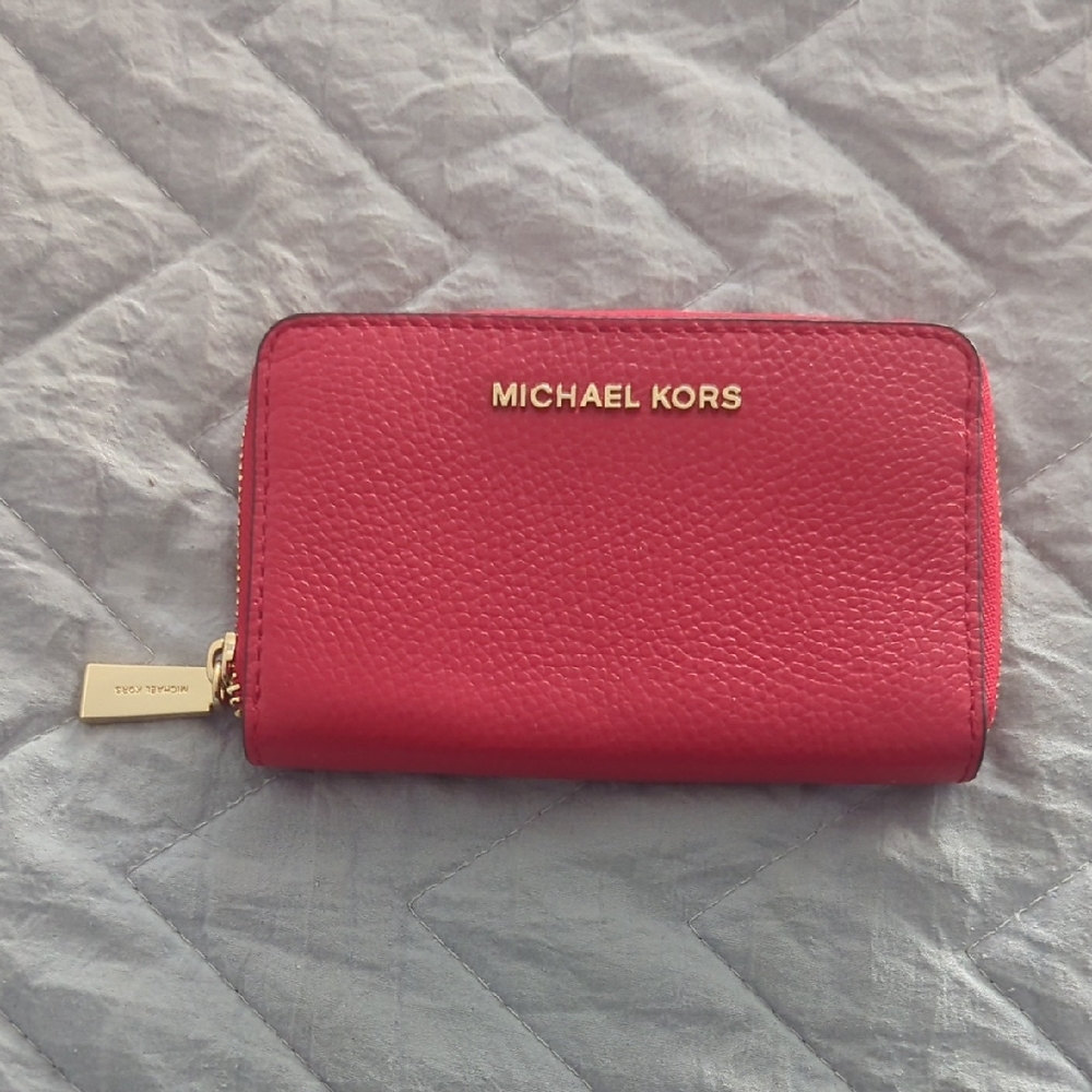 Michael Kors Hot Pink Pebbled Leather Zip Card Case